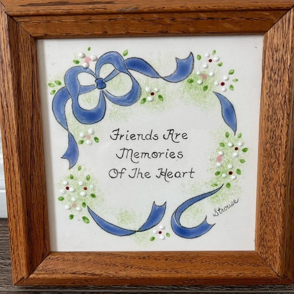 Wooden Framed Ceramic Wall Art with Blue Accents 9/9 Inch